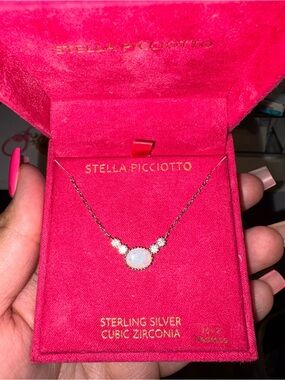 Stella Picciotto Sterling Silver Pink Opal Necklace with Cubic Zirconia Accents